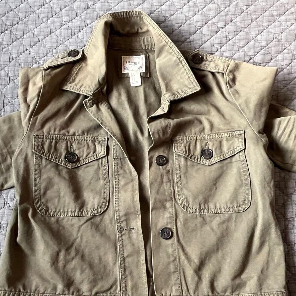 Forever-21 Women's Khaki and Tan Jean Jacket Top SZ S Cargo Y2K Utility